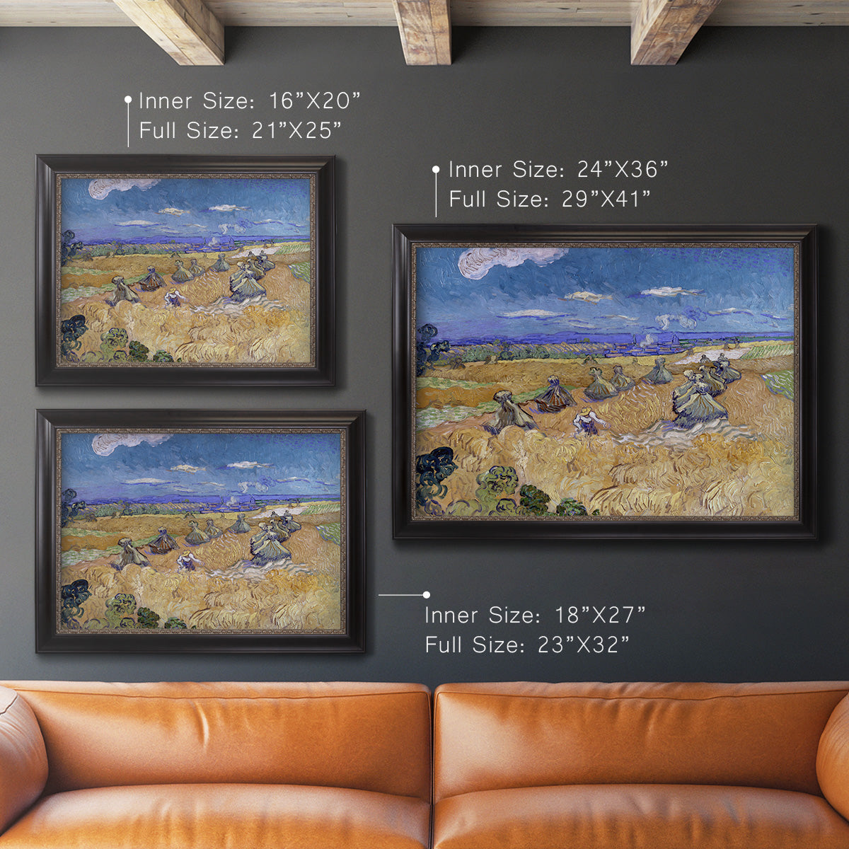Impressionist wheat harvest scene by Vincent van Gogh in an ornate black frame with gilded inner detail shown in multiple size options.