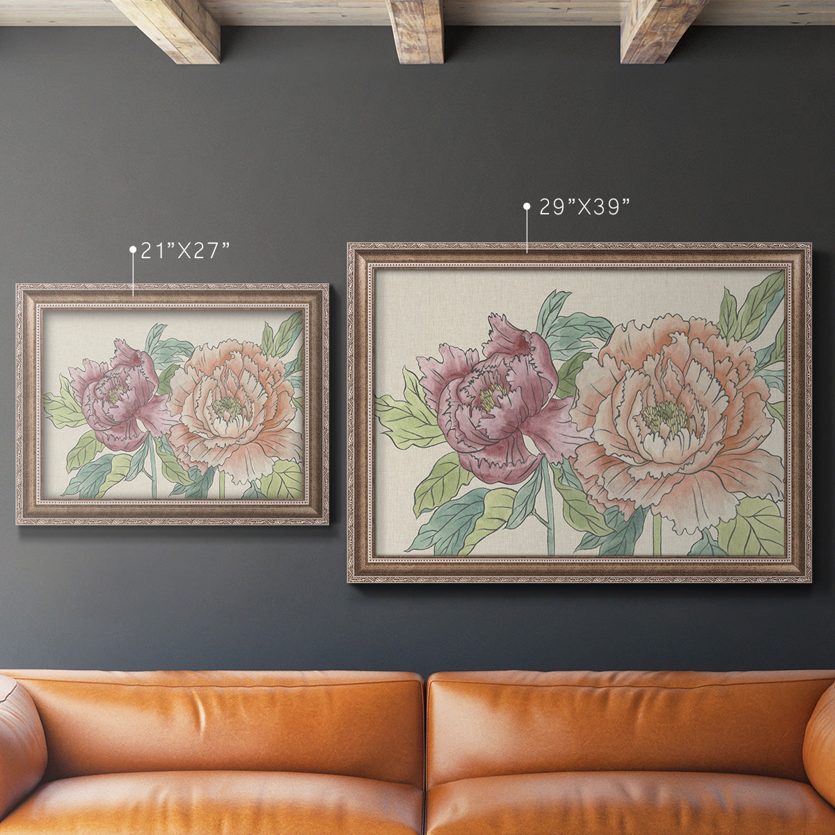 Modern peony floral drawing in an ornate traditional silver frame shown in multiple size options.