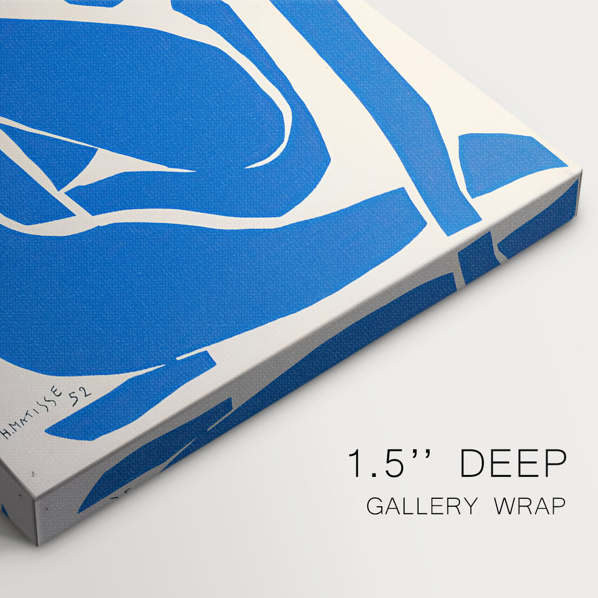 Close-up of a gallery-wrapped canvas corner showing a striking abstract figure with simplified curves, highlighting texture and print detail.