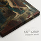 Close-up of a gallery-wrapped canvas corner showing a classical-inspired image with bold structure, highlighting texture and print detail.