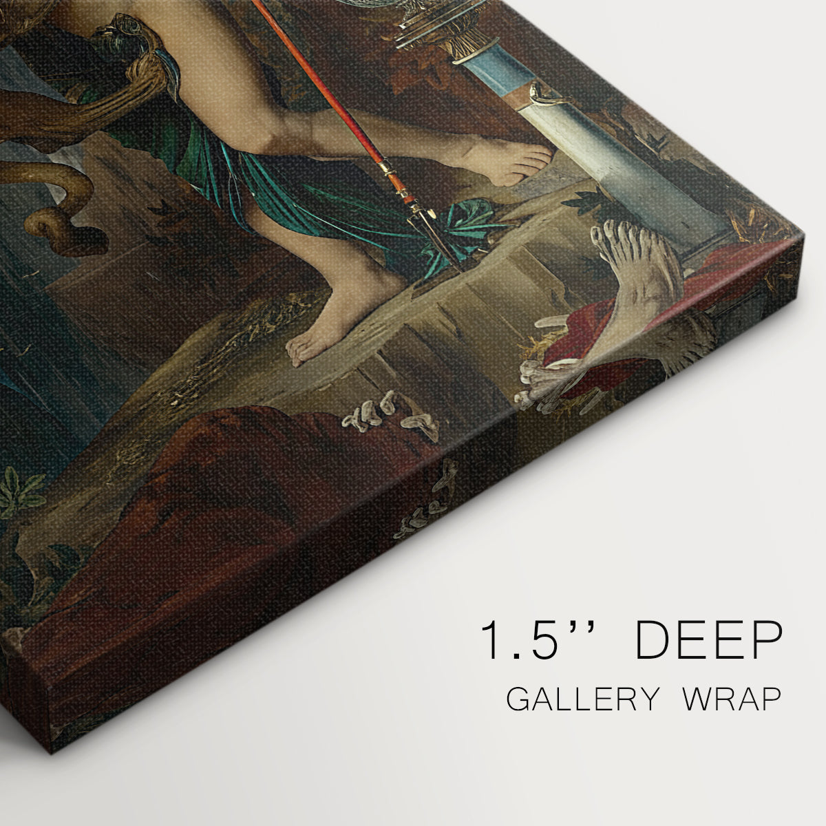 Close-up of a gallery-wrapped canvas corner showing a classical-inspired image with bold structure, highlighting texture and print detail.