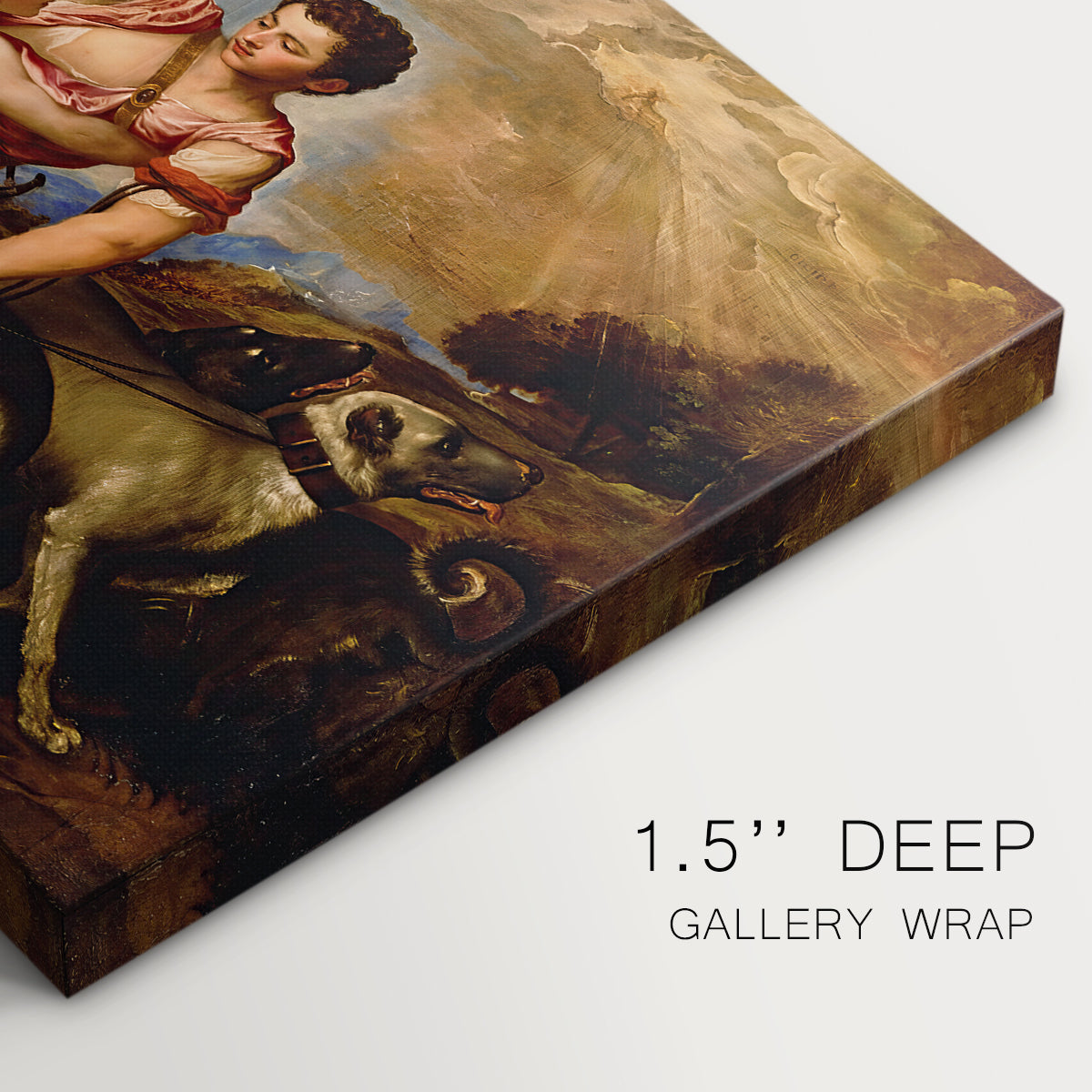 Canvas art print of a mythological couple in dramatic embrace as Adonis prepares to depart, highlighting texture and gallery-wrapped edges