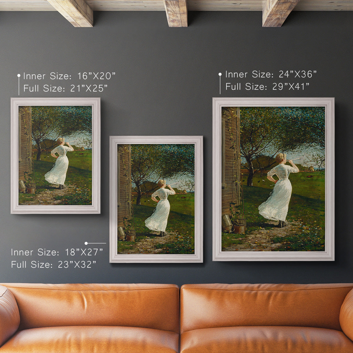 Narrative religious genre scene by Winslow Homer in an ornate weathered white frame shown in multiple vertical size options.