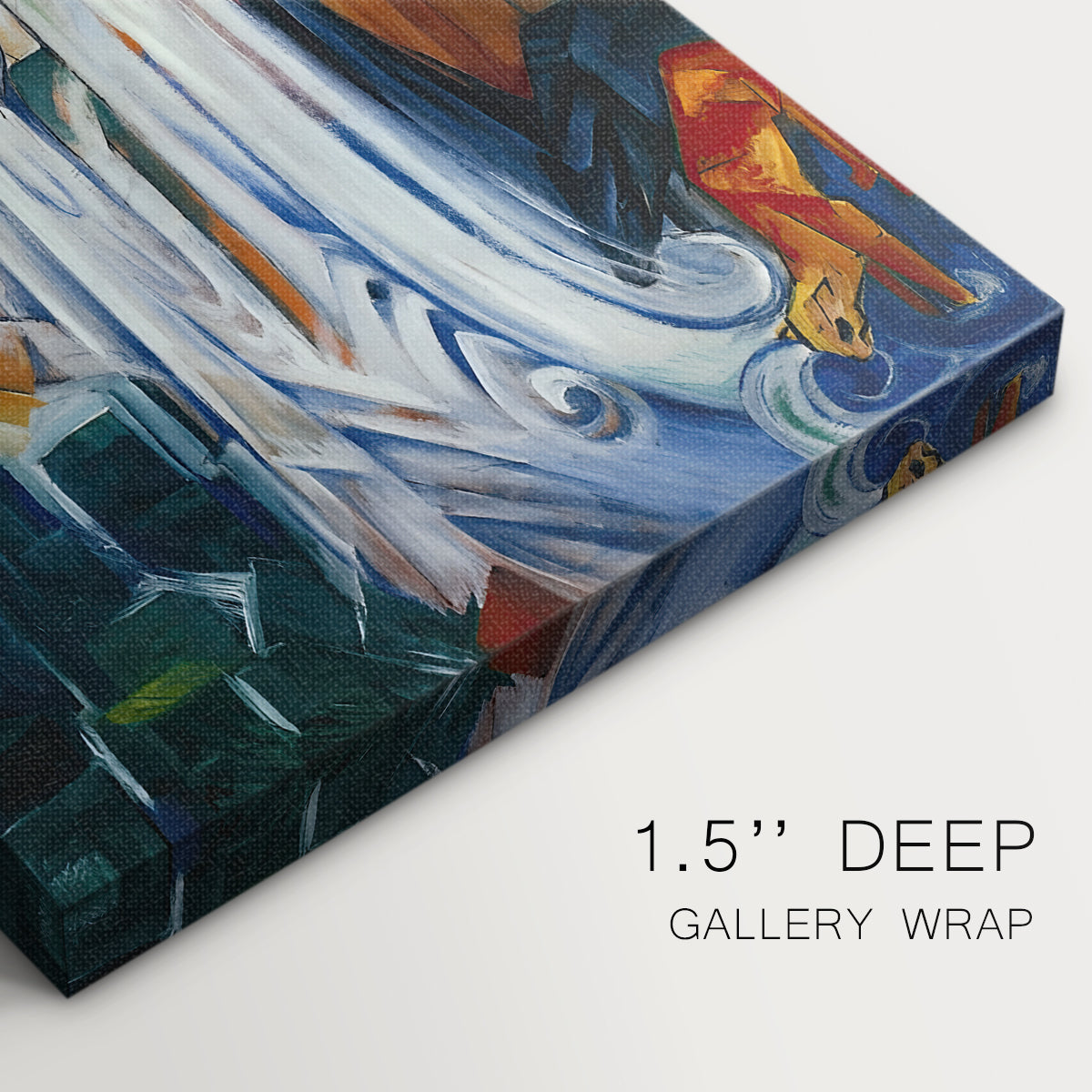 Close-up of a gallery-wrapped canvas corner showing an abstract landscape with strong contrast and structure, highlighting texture and print detail.