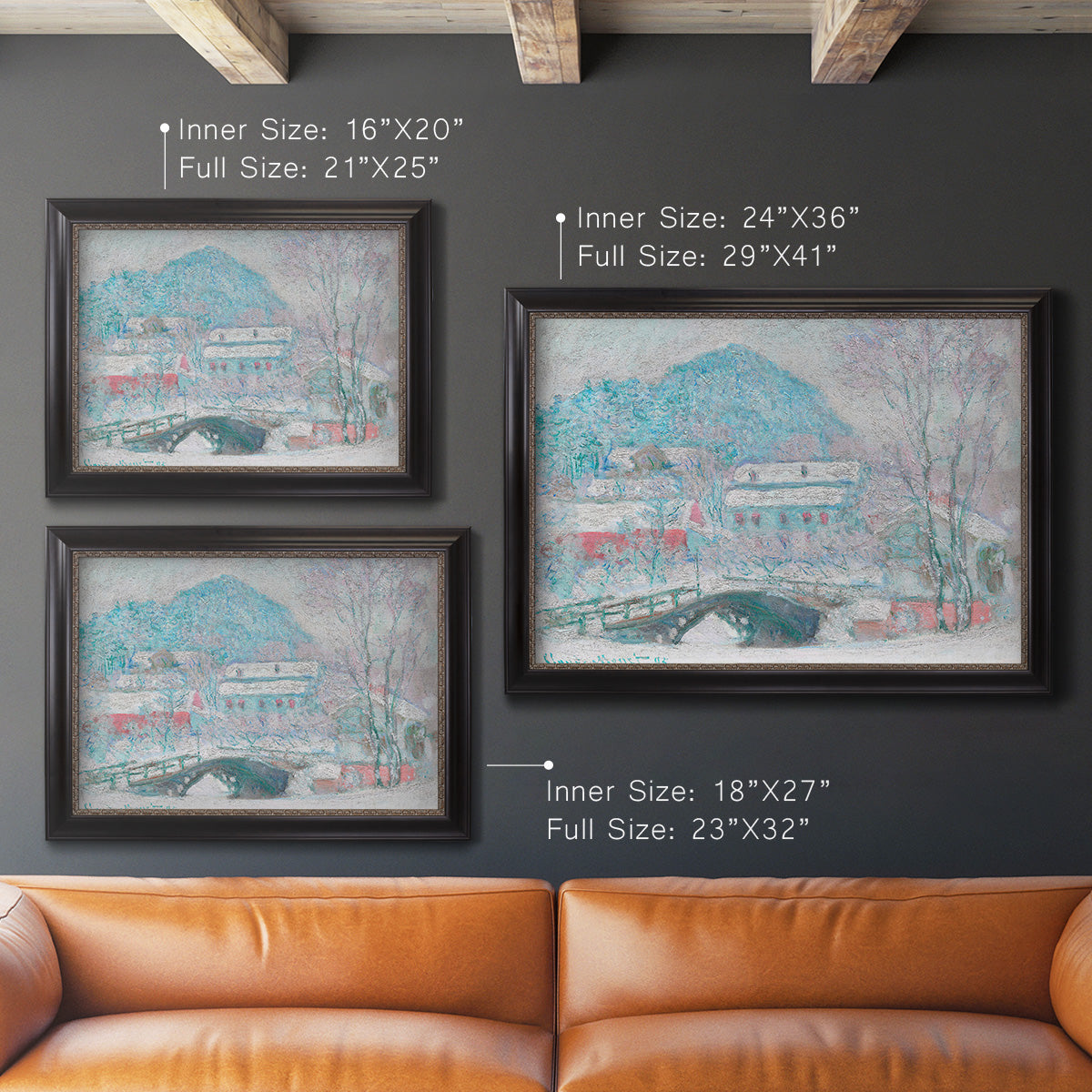 Impressionist coastal village landscape in Norway by Claude Monet in an ornate black frame with gilded inner detail shown in multiple size options.