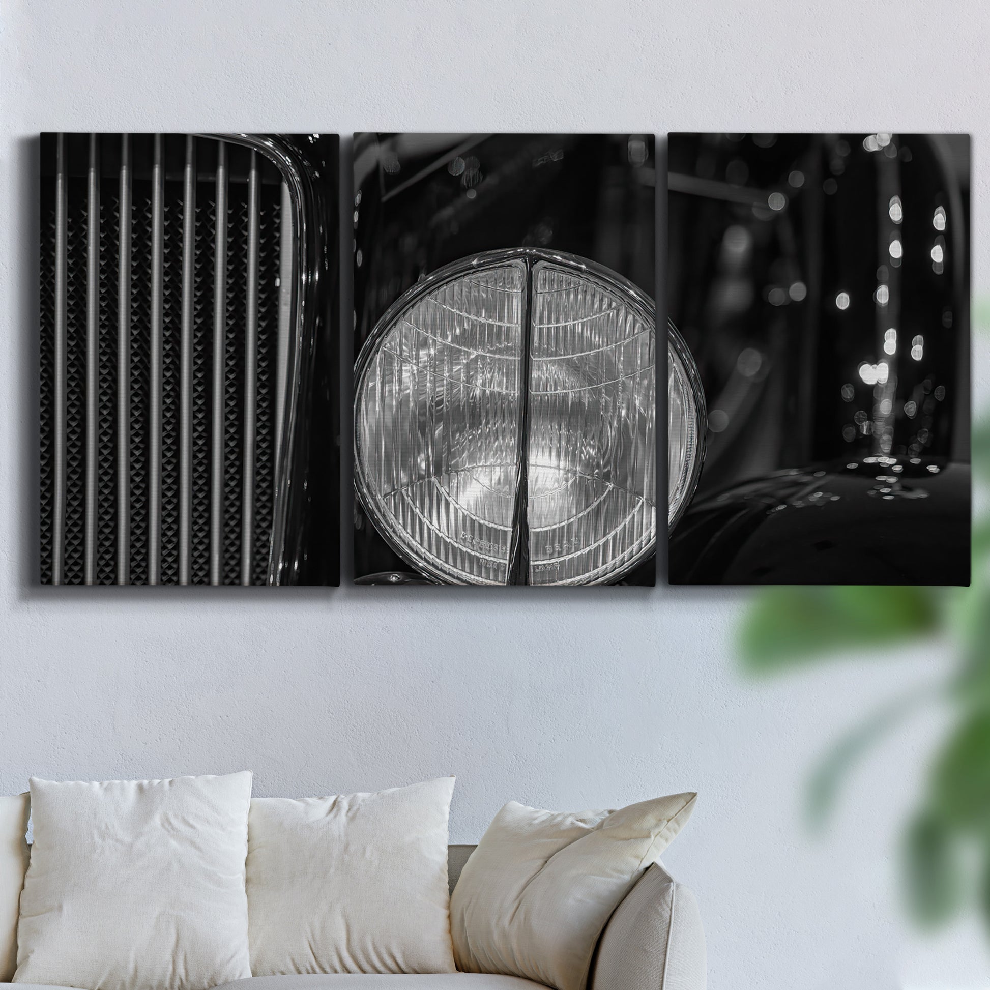 Three-panel canvas wall art featuring vintage car grille detail, displayed in a living room above a sofa.