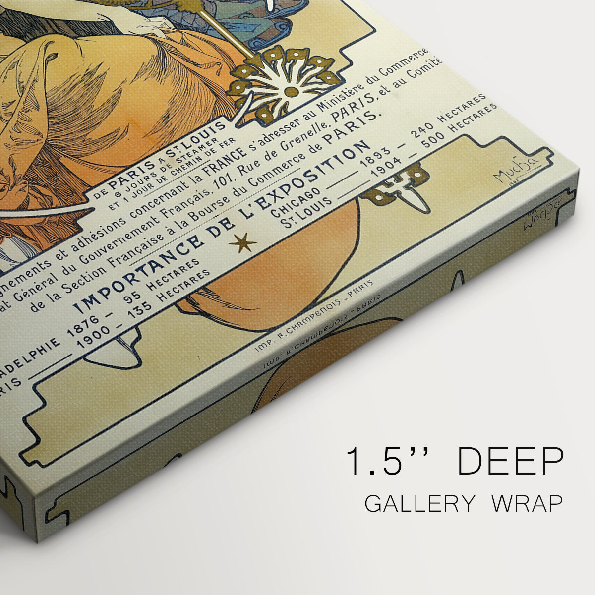 Close-up of a gallery-wrapped canvas corner showing a classic exhibition poster with intricate design and soft tones, highlighting texture and print detail.