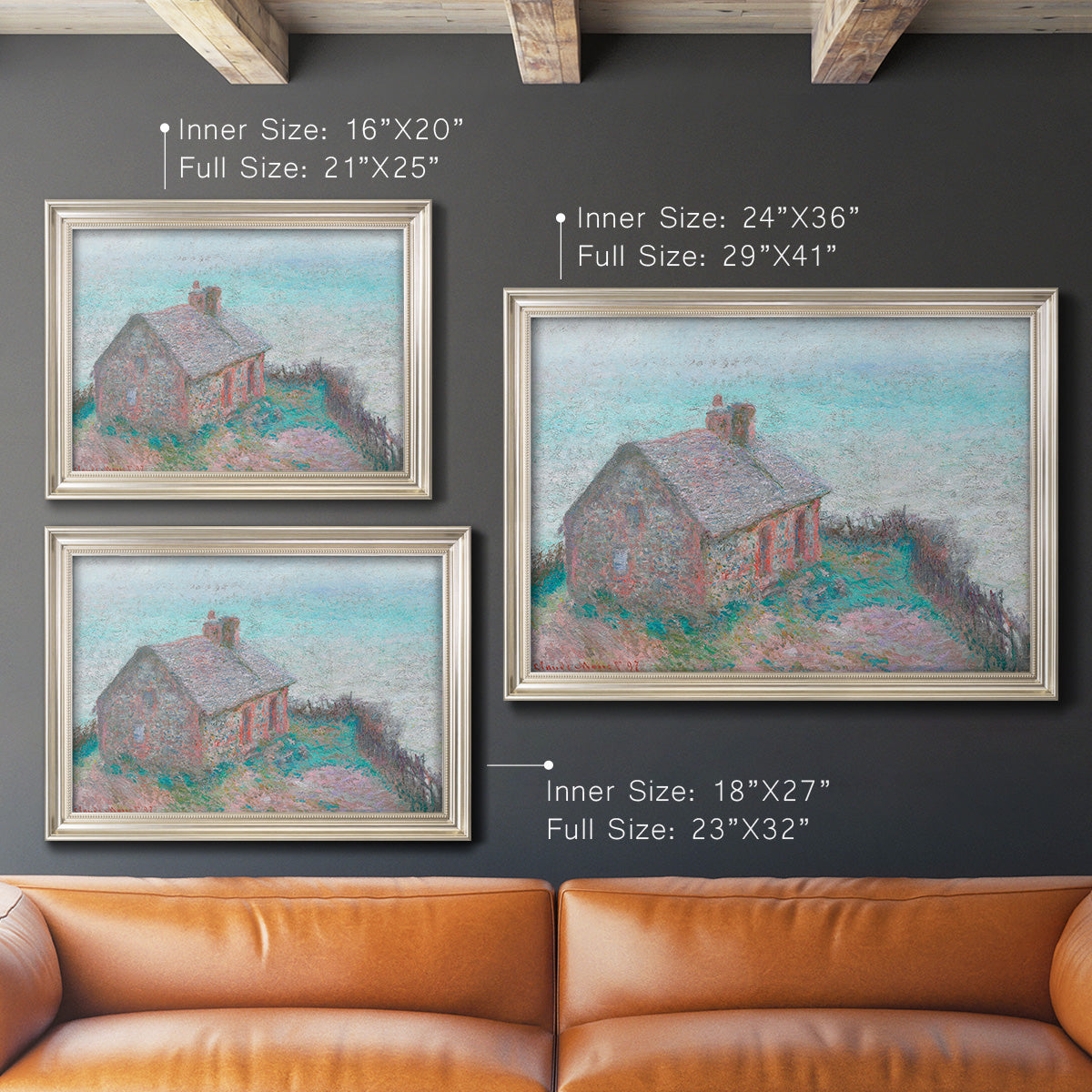 Impressionist coastal building landscape by Claude Monet in an ornate champagne frame shown in multiple size options.