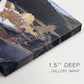 Canvas art print of a boat navigating fast-moving river rapids with figures aboard, highlighting texture and gallery-wrapped edges