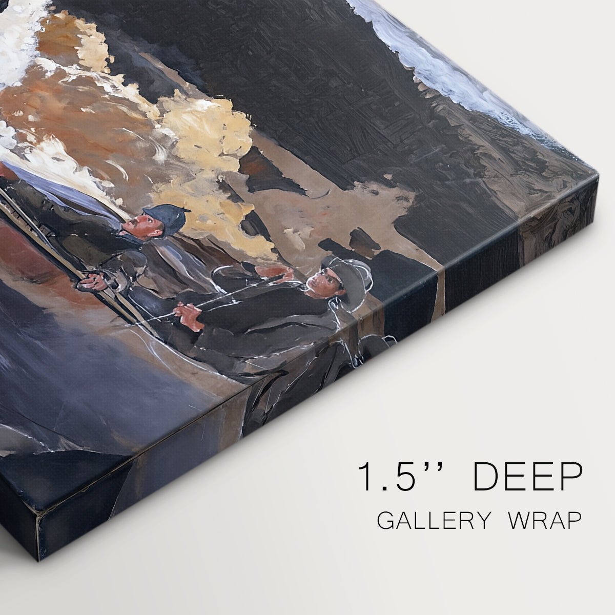 Canvas art print of a boat navigating fast-moving river rapids with figures aboard, highlighting texture and gallery-wrapped edges