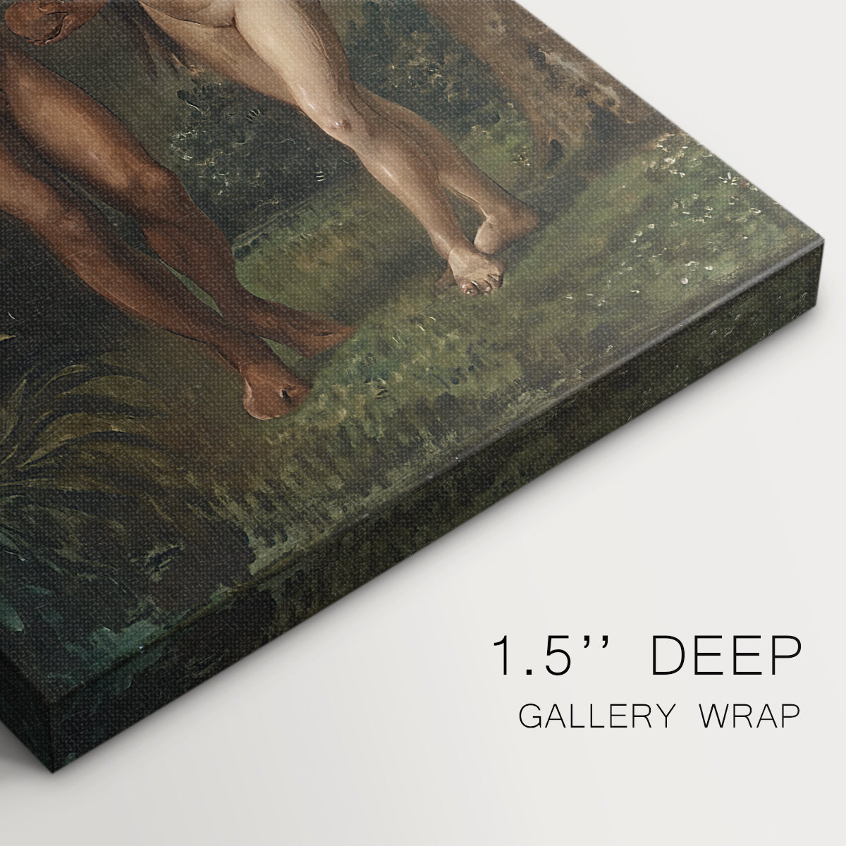 Close-up of a gallery-wrapped canvas corner showing a refined image with symbolic interaction, highlighting texture and print detail.