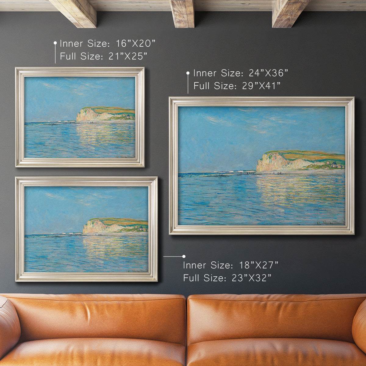 Impressionist coastal low-tide seascape at Pourville by Claude Monet in an ornate champagne frame shown in multiple size options.