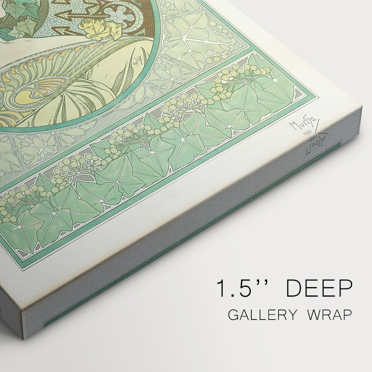 Close-up of a gallery-wrapped canvas corner showing a vintage illustration with organic shapes and soft tones, highlighting texture and print detail.