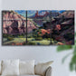 Three-panel canvas wall art featuring classic canyon landscape scene, displayed in a living room above a sofa.