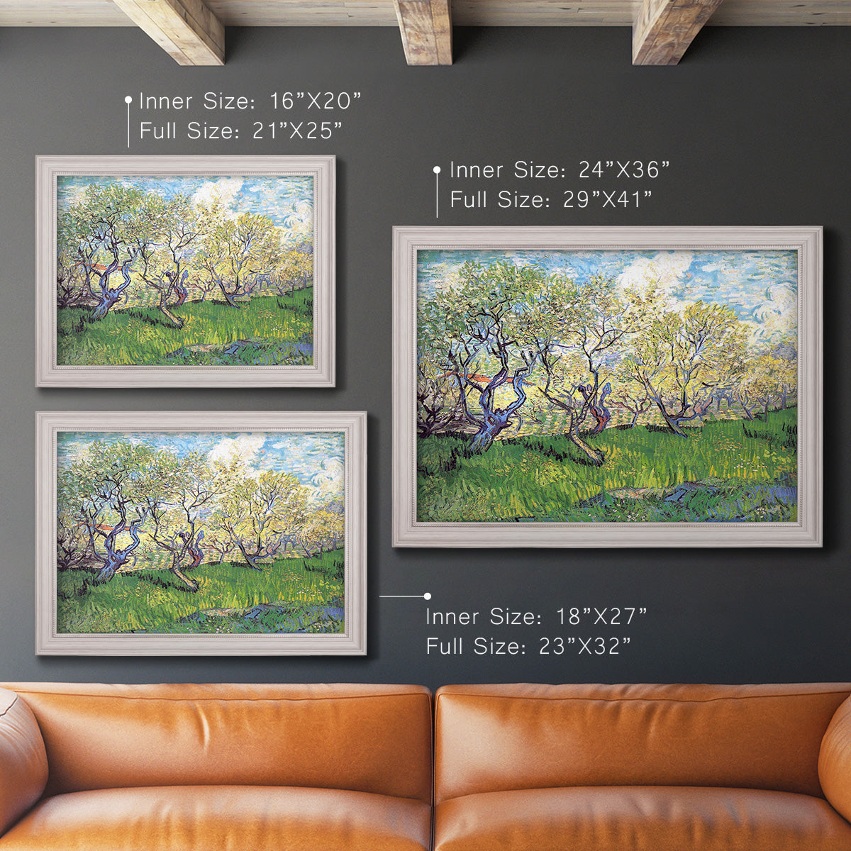Impressionist spring orchard landscape by Vincent van Gogh in an ornate weathered white frame shown in multiple size options.