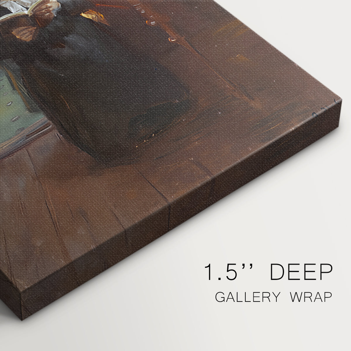 Close-up of a gallery-wrapped canvas corner showing a peaceful interior portrait with soft natural light and warm colors, highlighting texture and print detail.