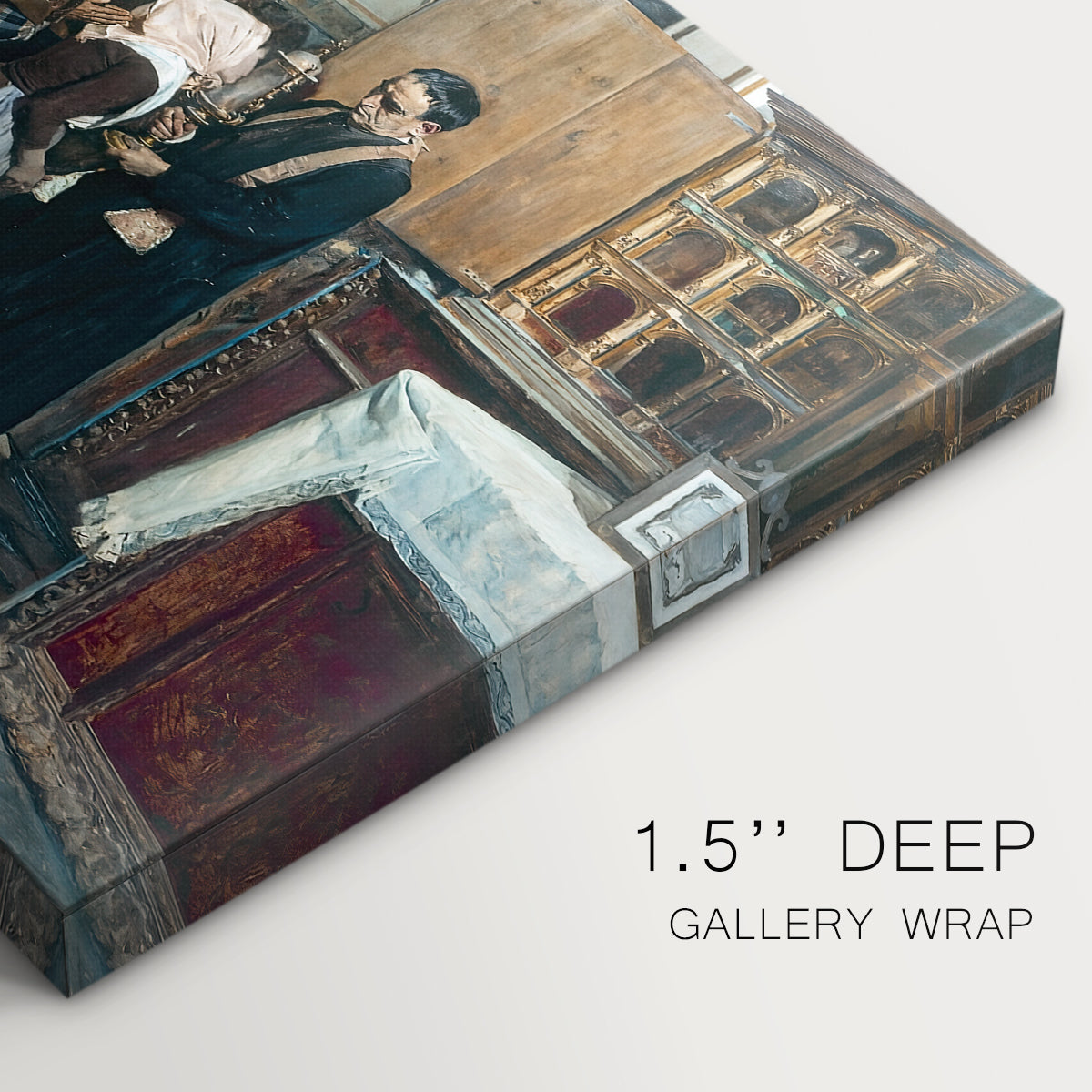 Canvas art print of figures gathered indoors kissing religious relic in ceremonial setting, highlighting texture and gallery-wrapped edges