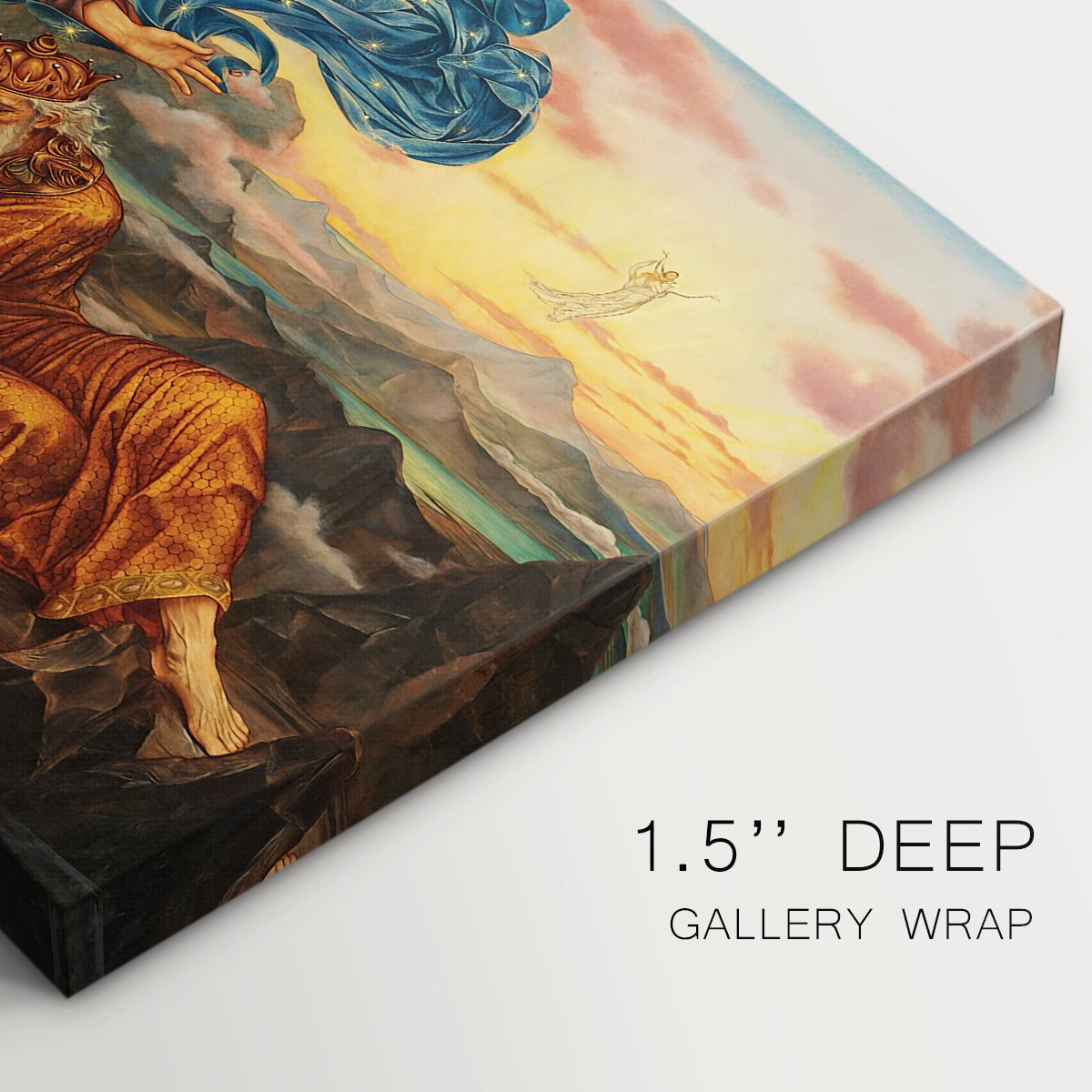 Canvas art print of a reclining female figure surrounded by symbolic elements in dreamlike setting, highlighting texture and gallery-wrapped edges