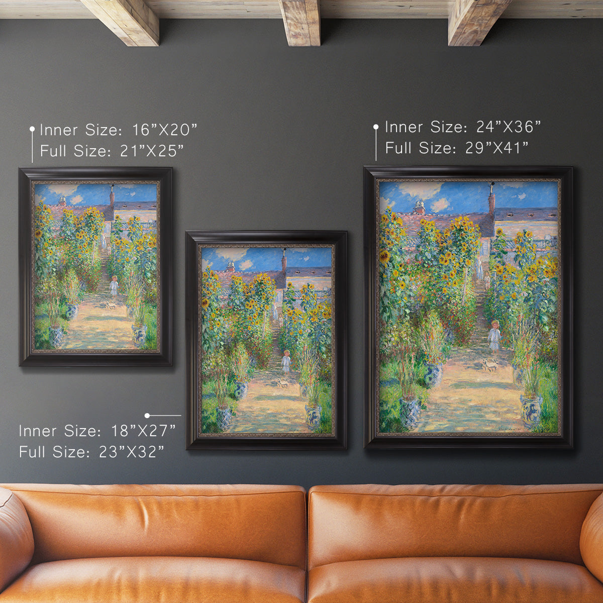 Impressionist garden landscape painting by Claude Monet in an ornate black frame with gilded inner detail shown in multiple vertical size options.