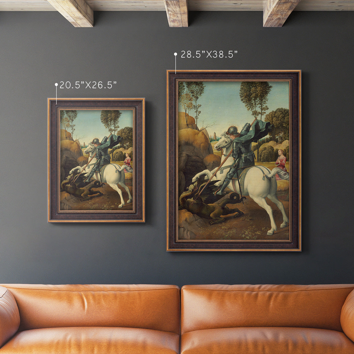 Religious painting of Saint George slaying the dragon by Raphael in an ornate bronzed mahogany wood frame shown in multiple vertical size options.