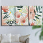 Three-panel canvas wall art featuring layered tropical plant collage, displayed in a living room above a sofa.