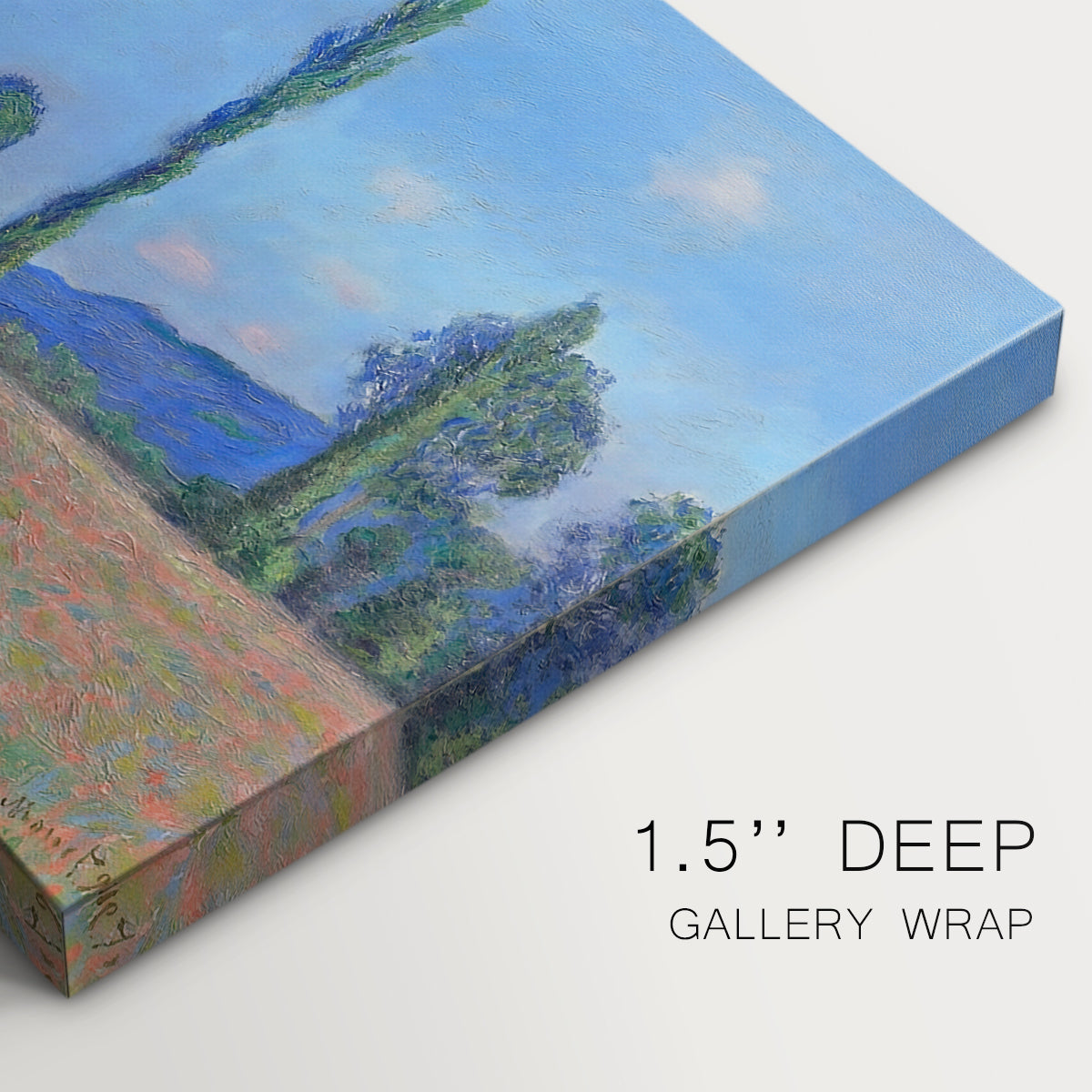 Canvas art print of an expansive field of red poppies with tall trees under blue sky, highlighting texture and gallery-wrapped edges
