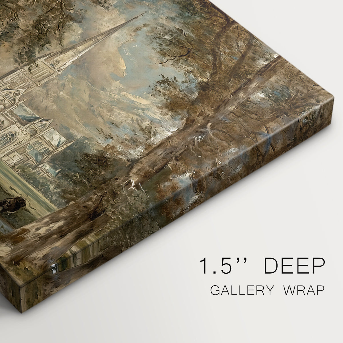 Canvas art print of a cathedral rising above landscape with trees and field, highlighting texture and gallery-wrapped edges
