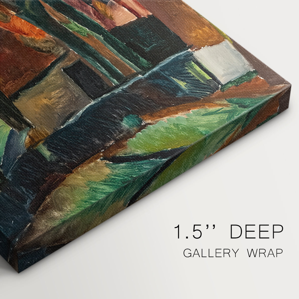 Close-up of a gallery-wrapped canvas corner showing a dynamic composition with buildings and expressive color, highlighting texture and print detail.