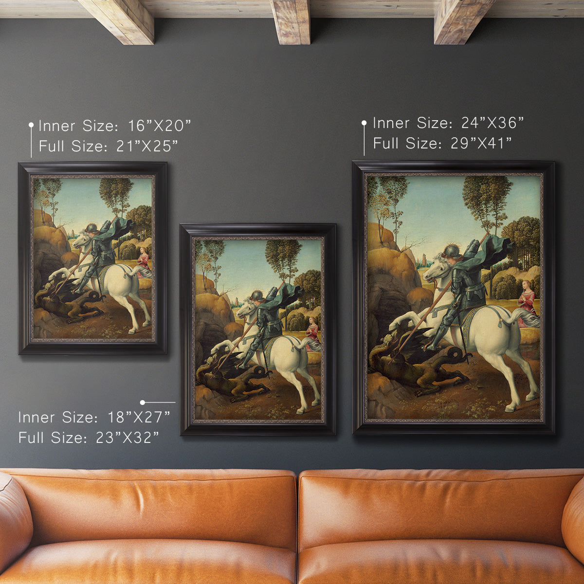 Religious painting of Saint George slaying the dragon by Raphael in an ornate black frame with gilded inner detail shown in multiple vertical size options.