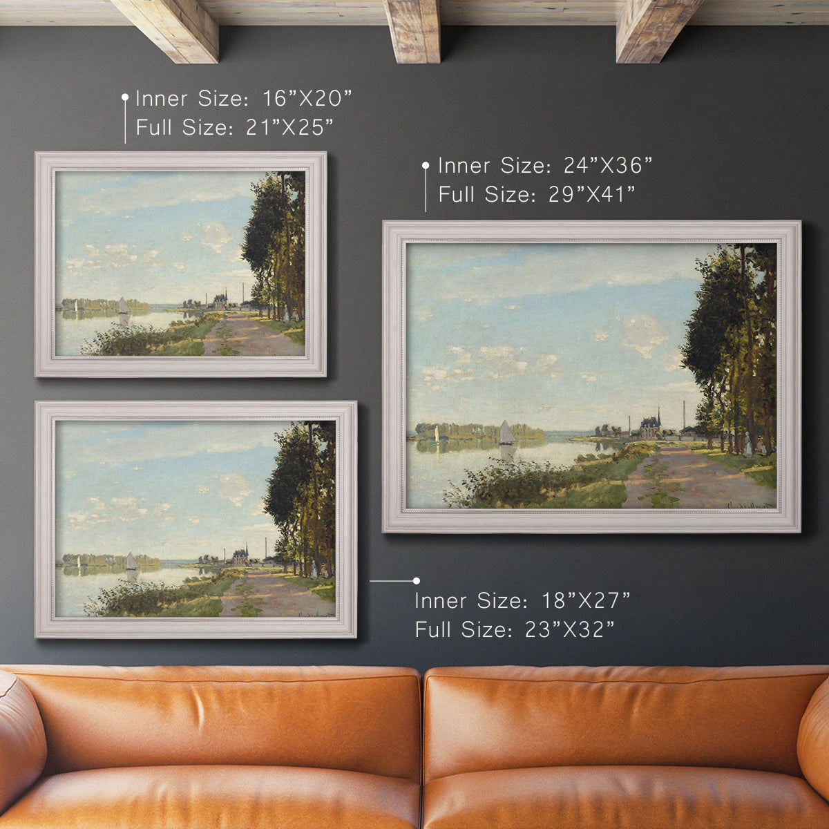 Impressionist river scene with red boats by Claude Monet in an ornate weathered white frame shown in multiple size options.