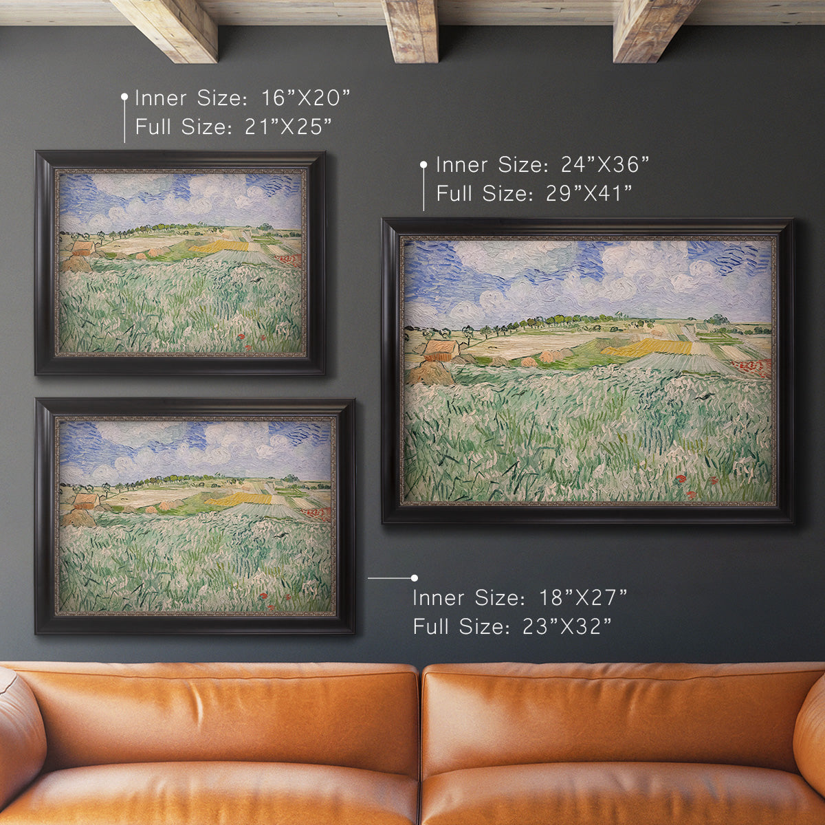 Impressionist countryside landscape near Auvers by Vincent van Gogh in an ornate black frame with gilded inner detail shown in multiple size options.