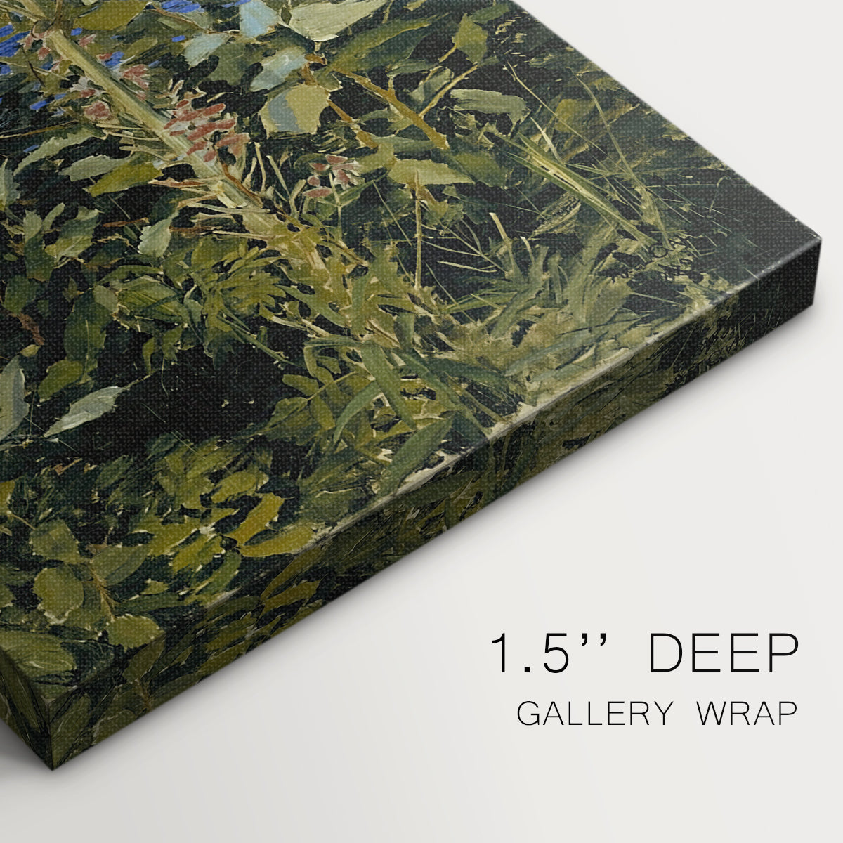 Close-up of a gallery-wrapped canvas corner showing a close nature study of tall stems with clusters of small blossoms, highlighting texture and print detail.