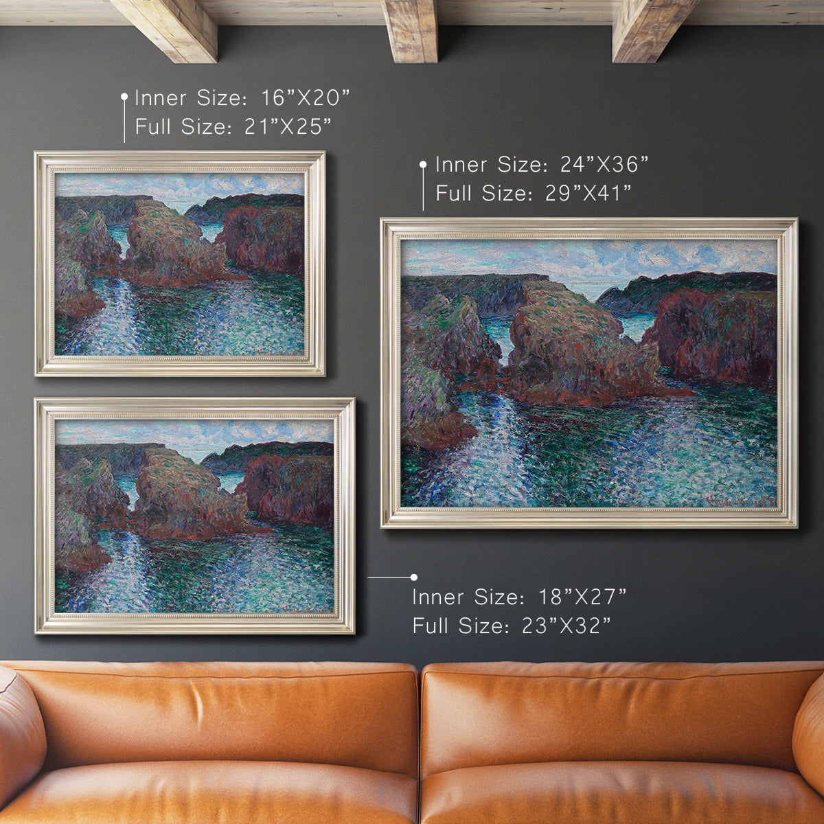 Impressionist rocky seascape by Claude Monet in an ornate champagne frame shown in multiple size options.