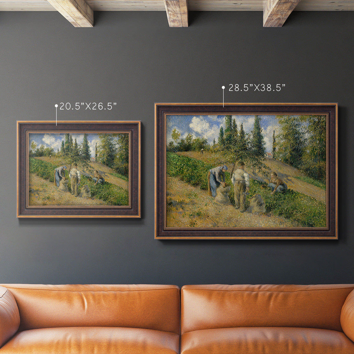 Impressionist countryside harvest scene by Camille Pissarro in an ornate bronzed mahogany wood frame shown in multiple size options.
