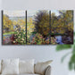 Three-panel canvas wall art featuring garden corner with flowering trees, displayed in a living room above a sofa.