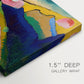 Canvas art print of a simplified mountain village scene with church and surrounding hills in bold color, highlighting texture and gallery-wrapped edges