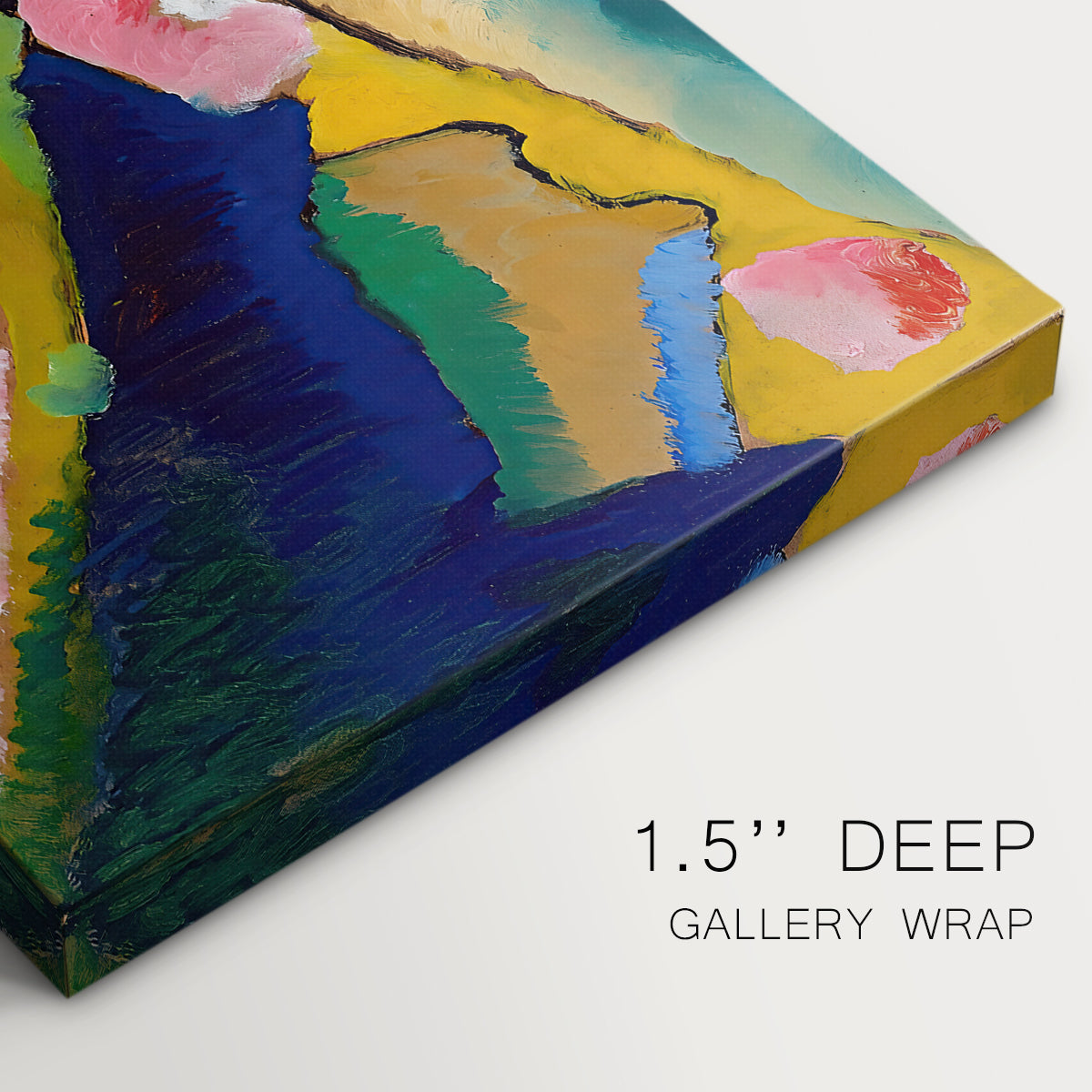 Canvas art print of a simplified mountain village scene with church and surrounding hills in bold color, highlighting texture and gallery-wrapped edges