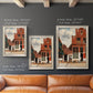 Realist city street scene by Johannes Vermeer in an ornate champagne frame shown in multiple vertical size options.