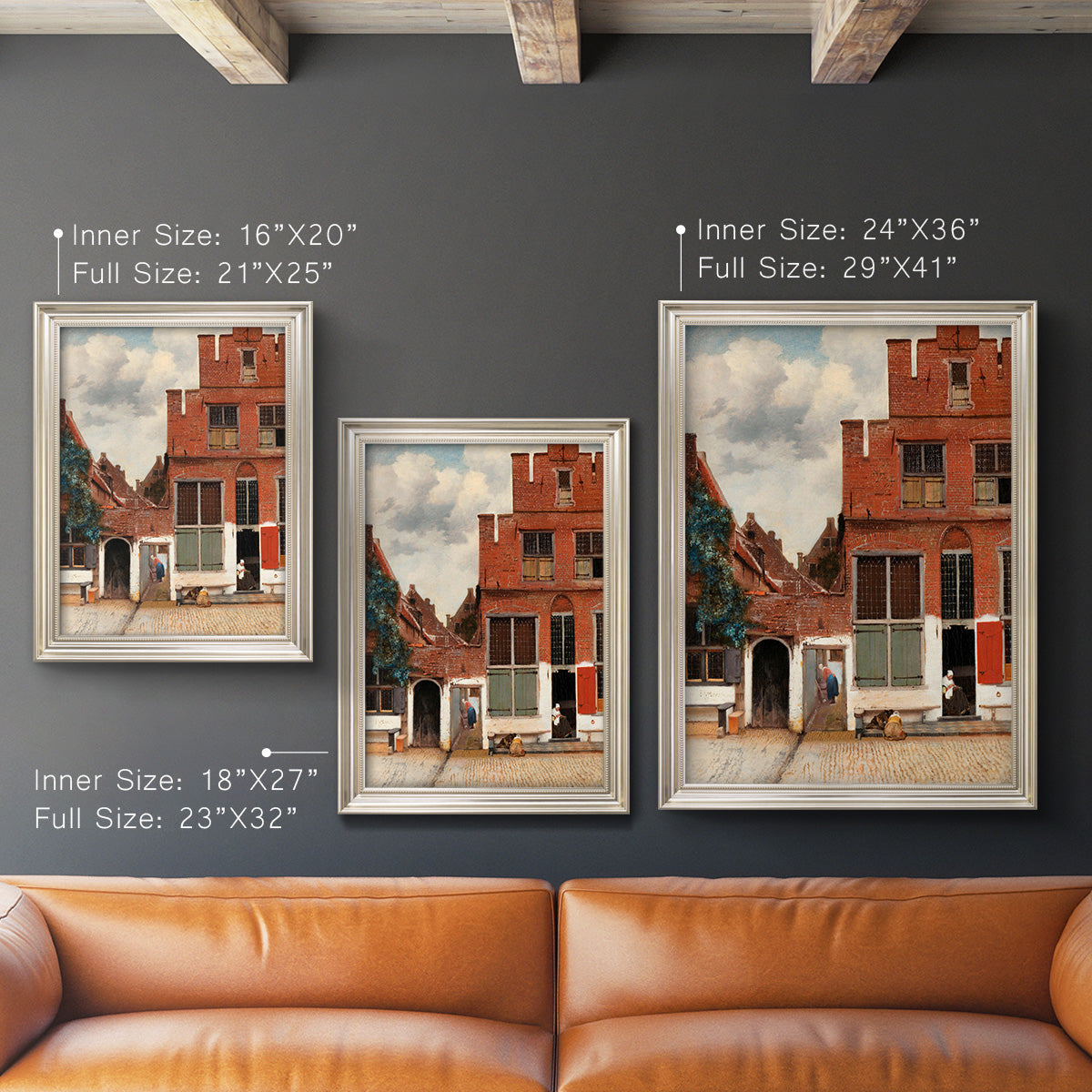 Realist city street scene by Johannes Vermeer in an ornate champagne frame shown in multiple vertical size options.