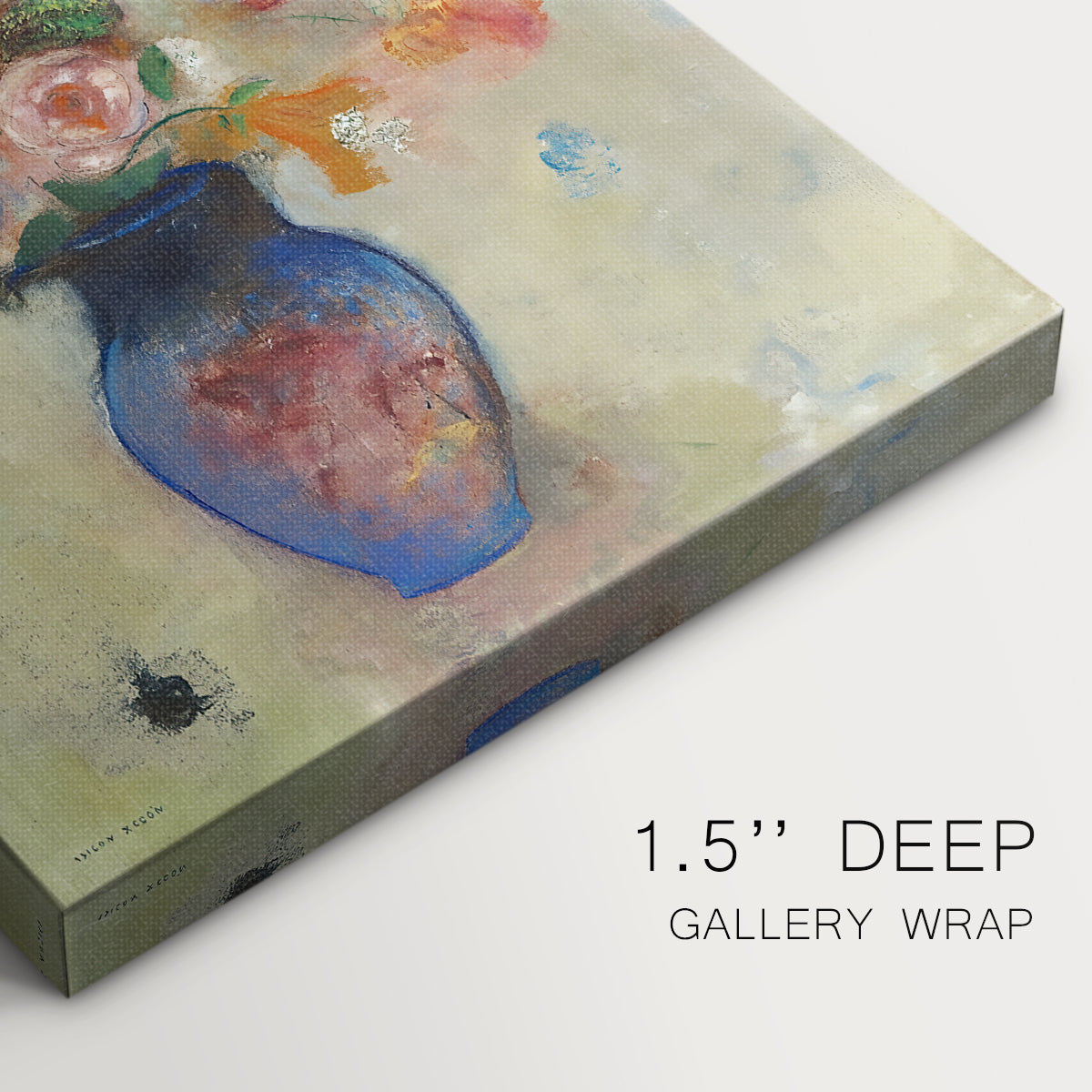 Close-up of a gallery-wrapped canvas corner showing a calm still life with soft contrast, highlighting texture and print detail.