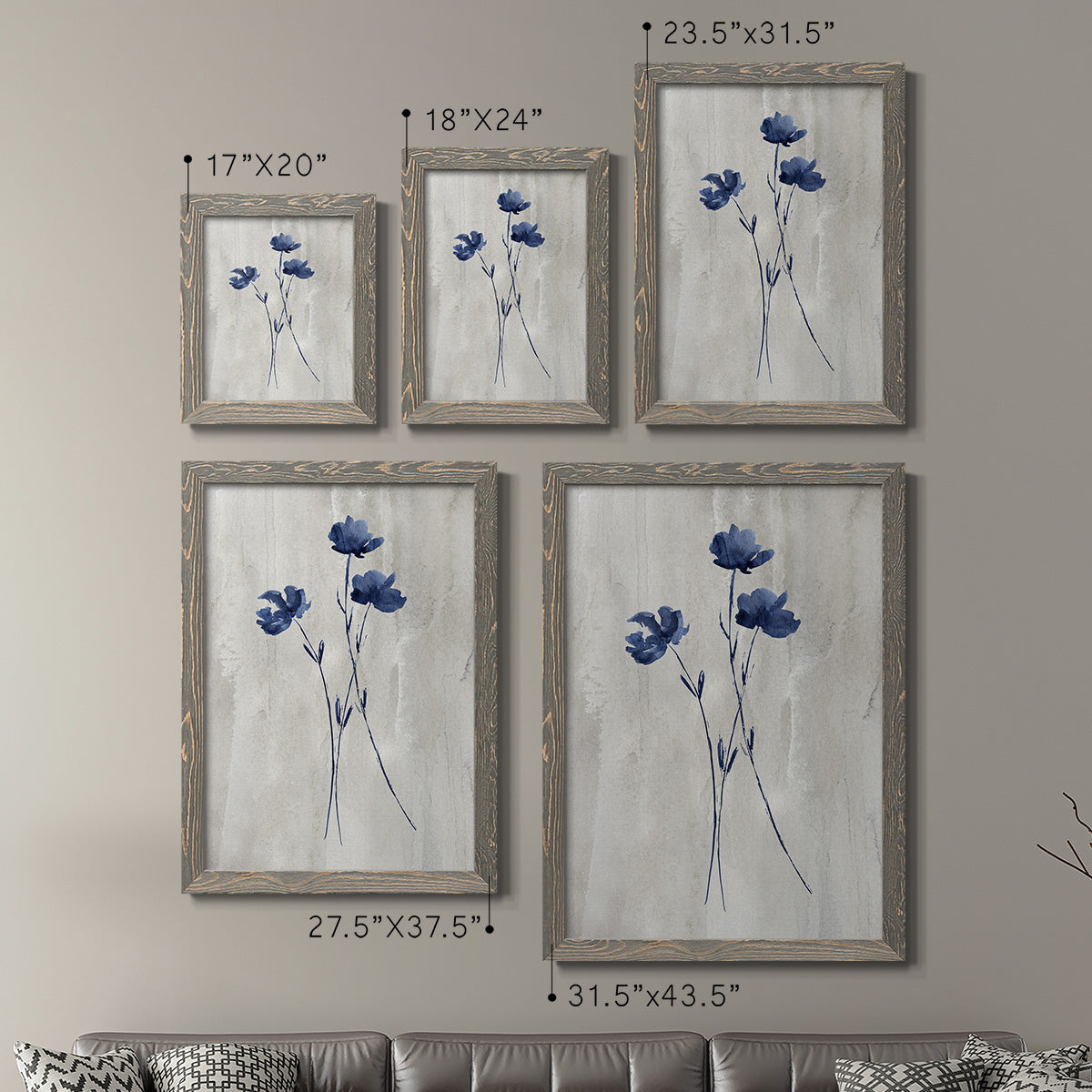 Size comparison chart for a set of two gray barnwood framed canvas prints.