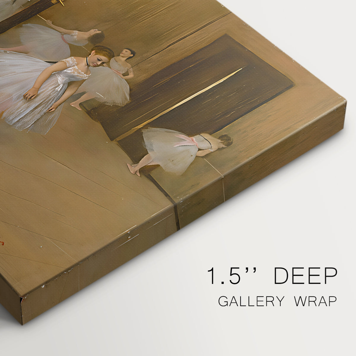 Canvas art print of a ballet class with dancers practicing positions under instructor guidance, highlighting texture and gallery-wrapped edges
