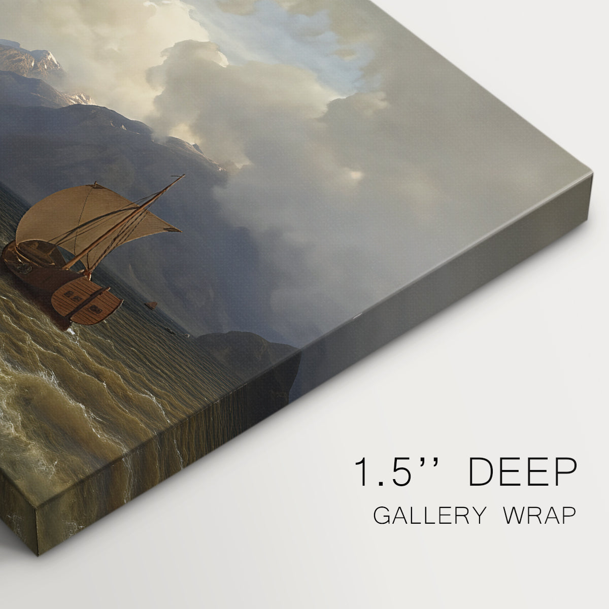 Canvas art print of a rugged Norwegian coastline with cliffs, water, and distant boats, highlighting texture and gallery-wrapped edges