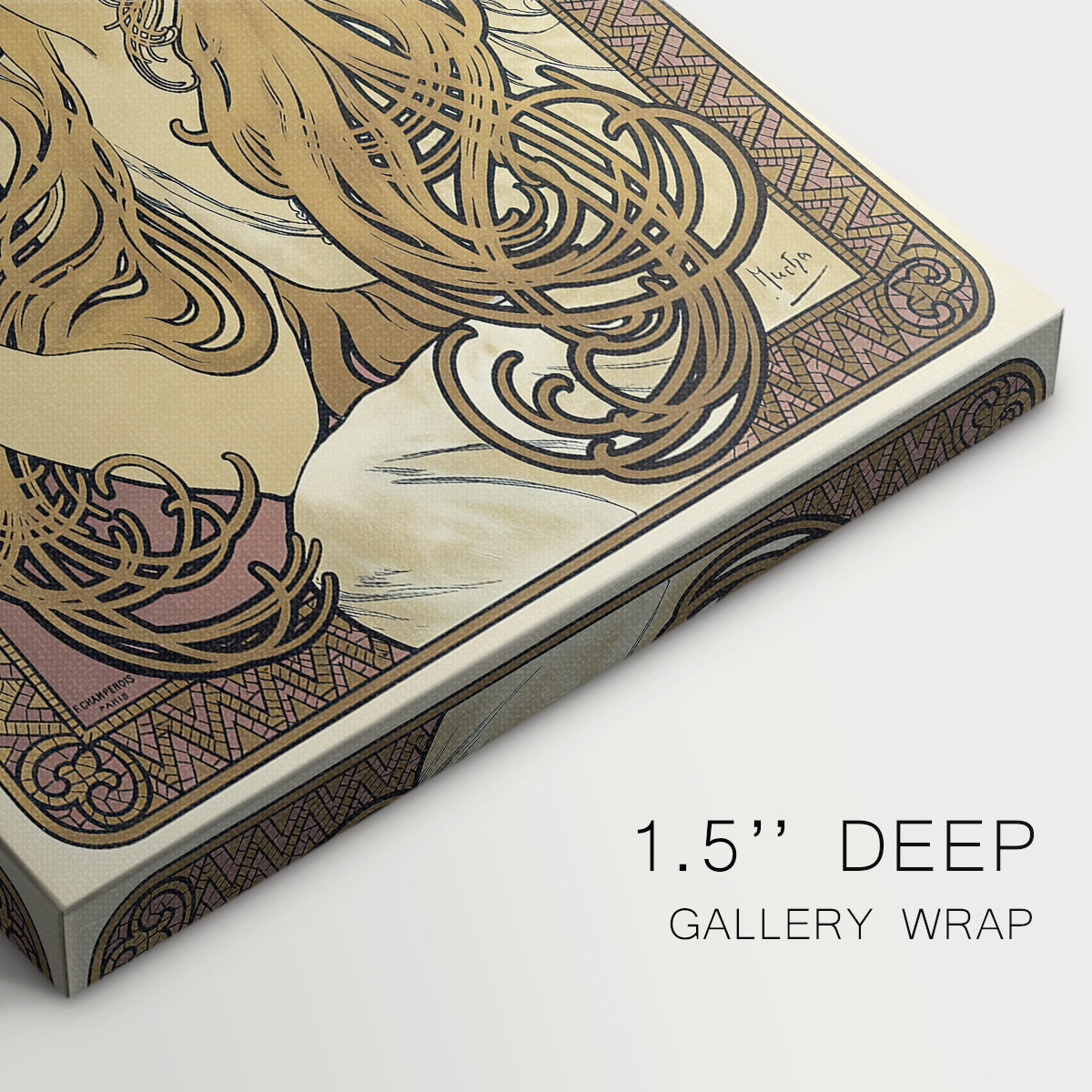 Close-up of a gallery-wrapped canvas corner showing a classic illustration with ornate curves and elegant female figure, highlighting texture and print detail.