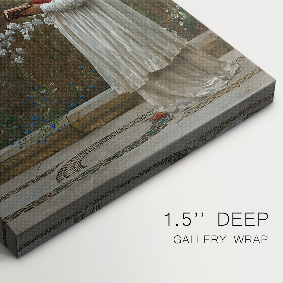 Close-up of a gallery-wrapped canvas corner showing a composed figure with ornate clothing and muted background, highlighting texture and print detail.
