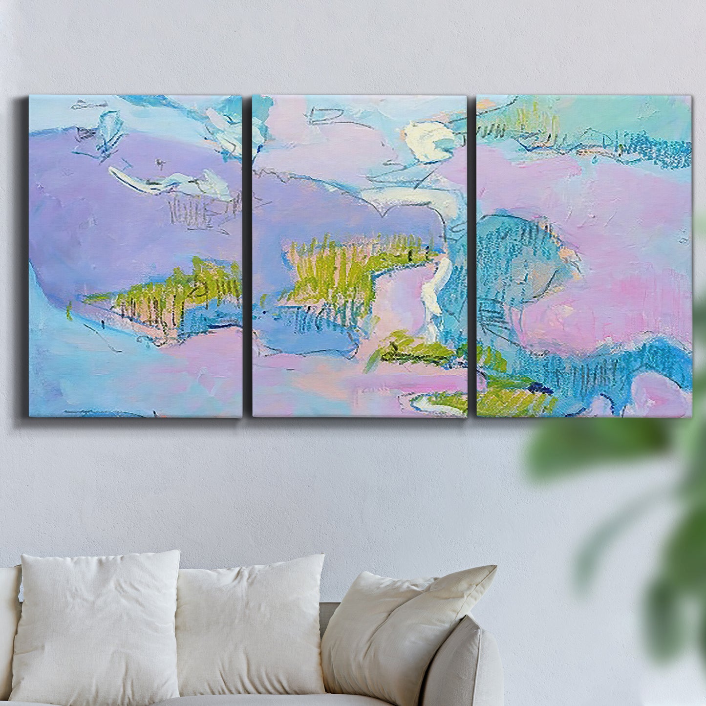Three-panel canvas wall art featuring abstract view through window forms, displayed in a living room above a sofa.