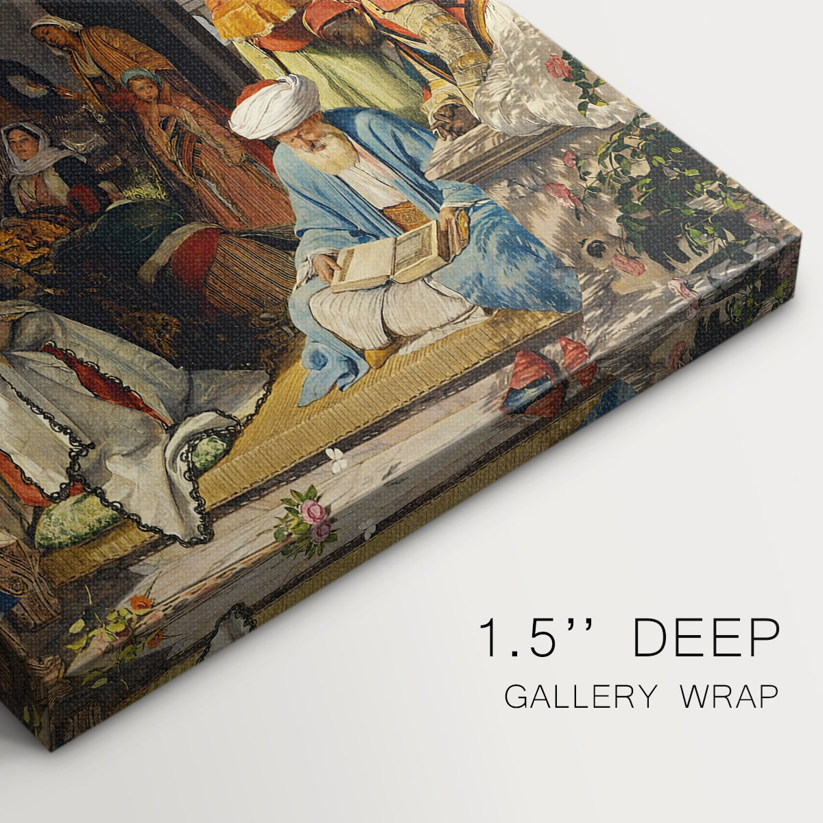 Close-up of a gallery-wrapped canvas corner showing a calm scene with layered detail and warm tones, highlighting texture and print detail.