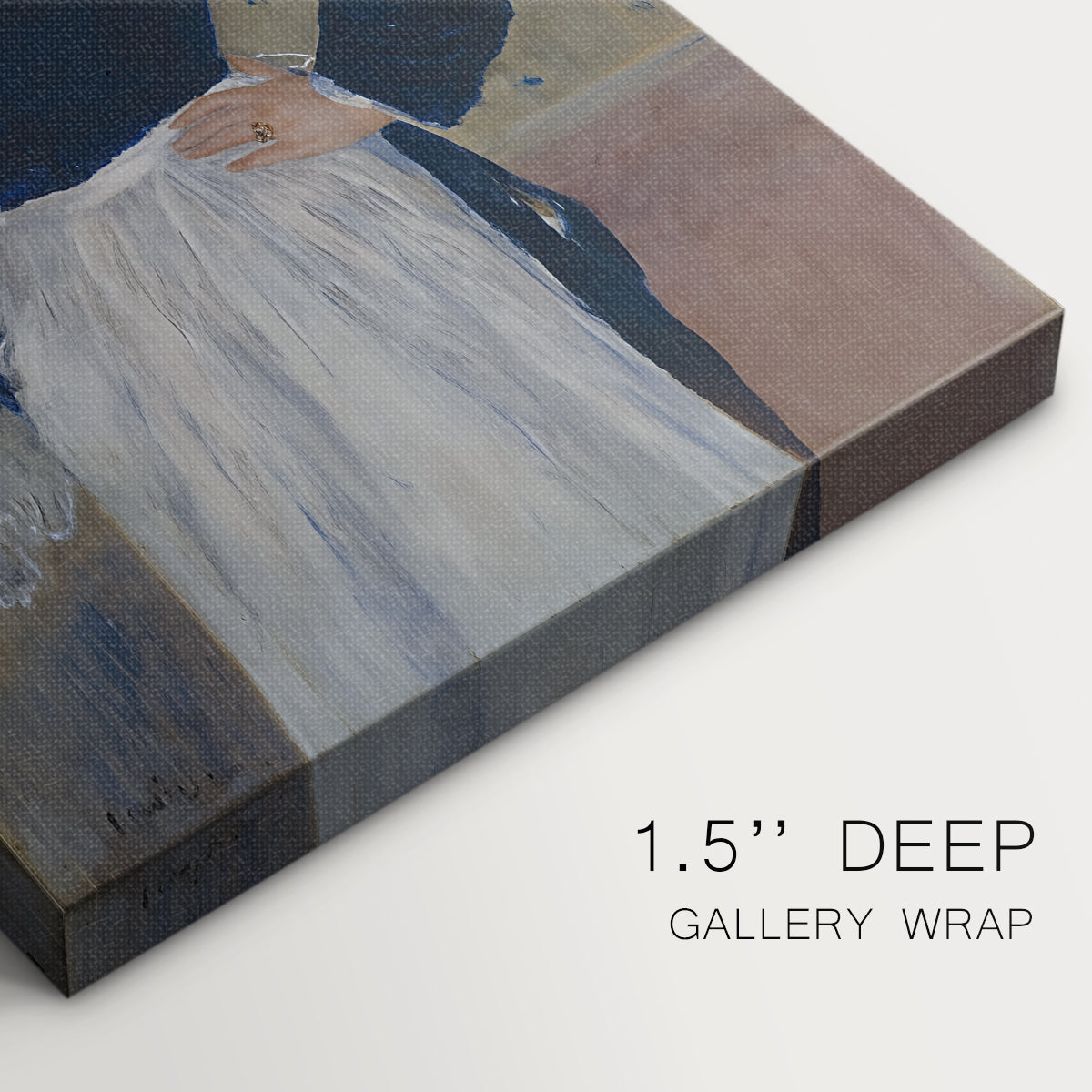 Close-up of a gallery-wrapped canvas corner showing a soft interior scene with a figure in service attire, highlighting texture and print detail.