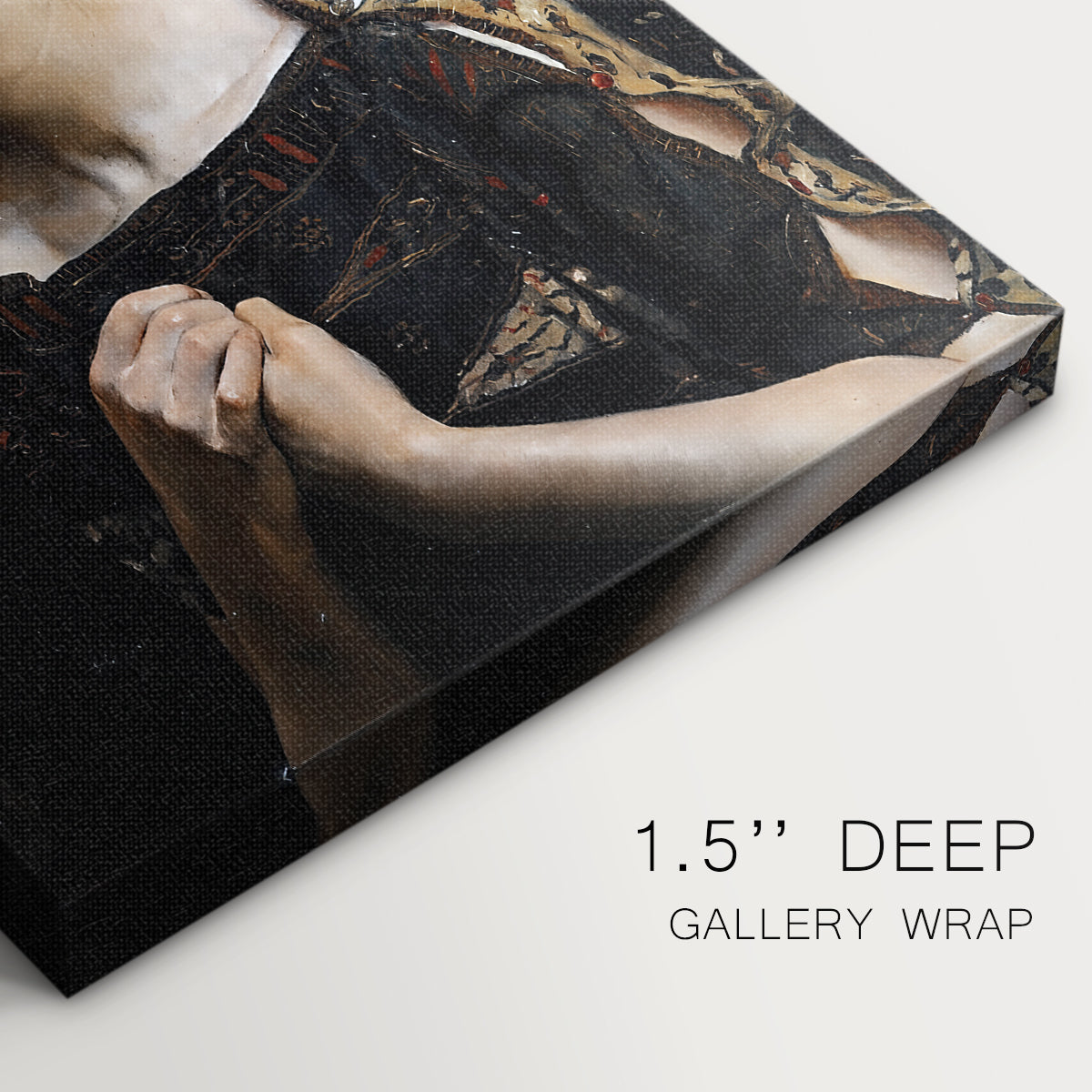 Close-up of a gallery-wrapped canvas corner showing a bold composition with expressive detail, highlighting texture and print detail.