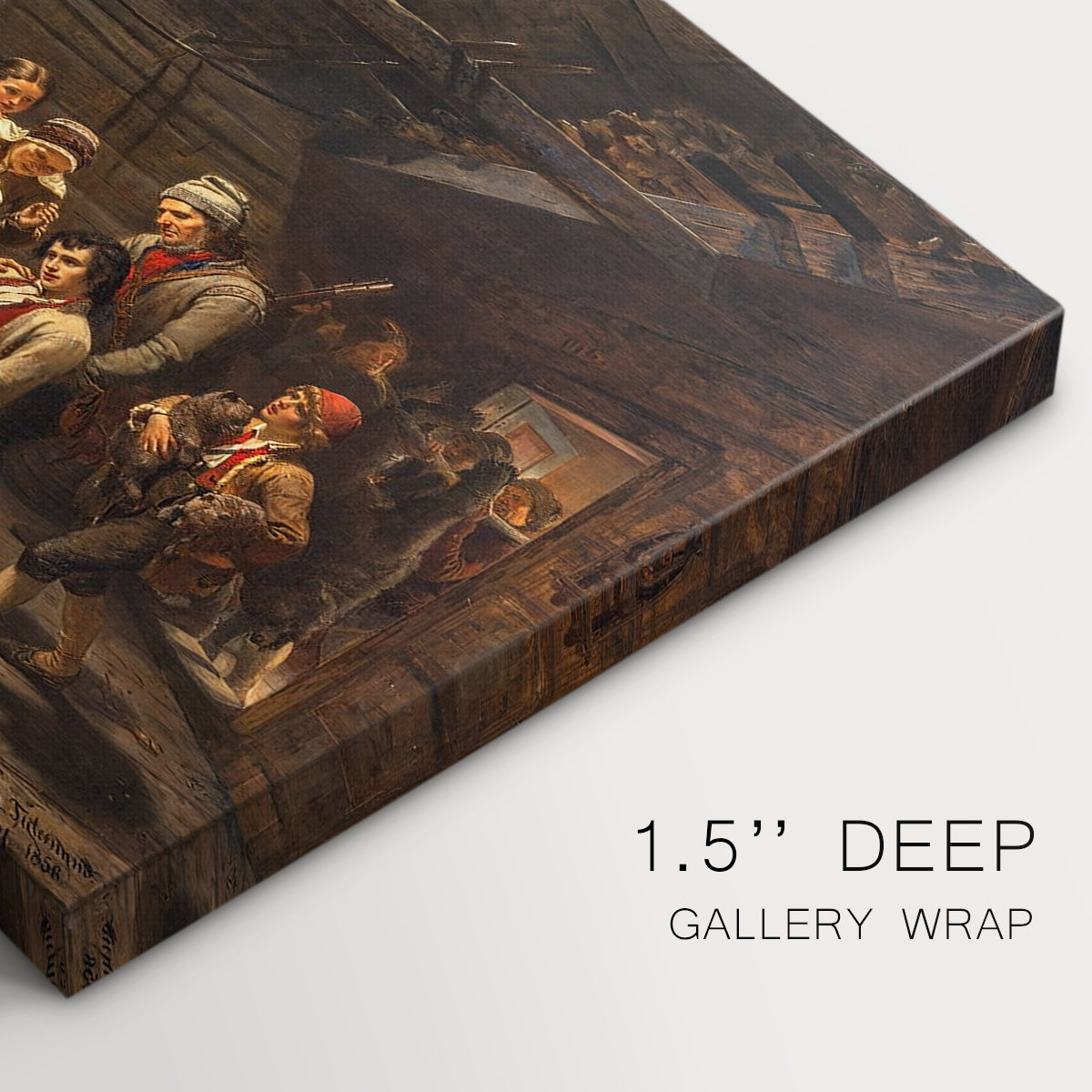 Canvas art print of a bear hunter returning home surrounded in a rustic interior, featuring texture and gallery-wrapped edges